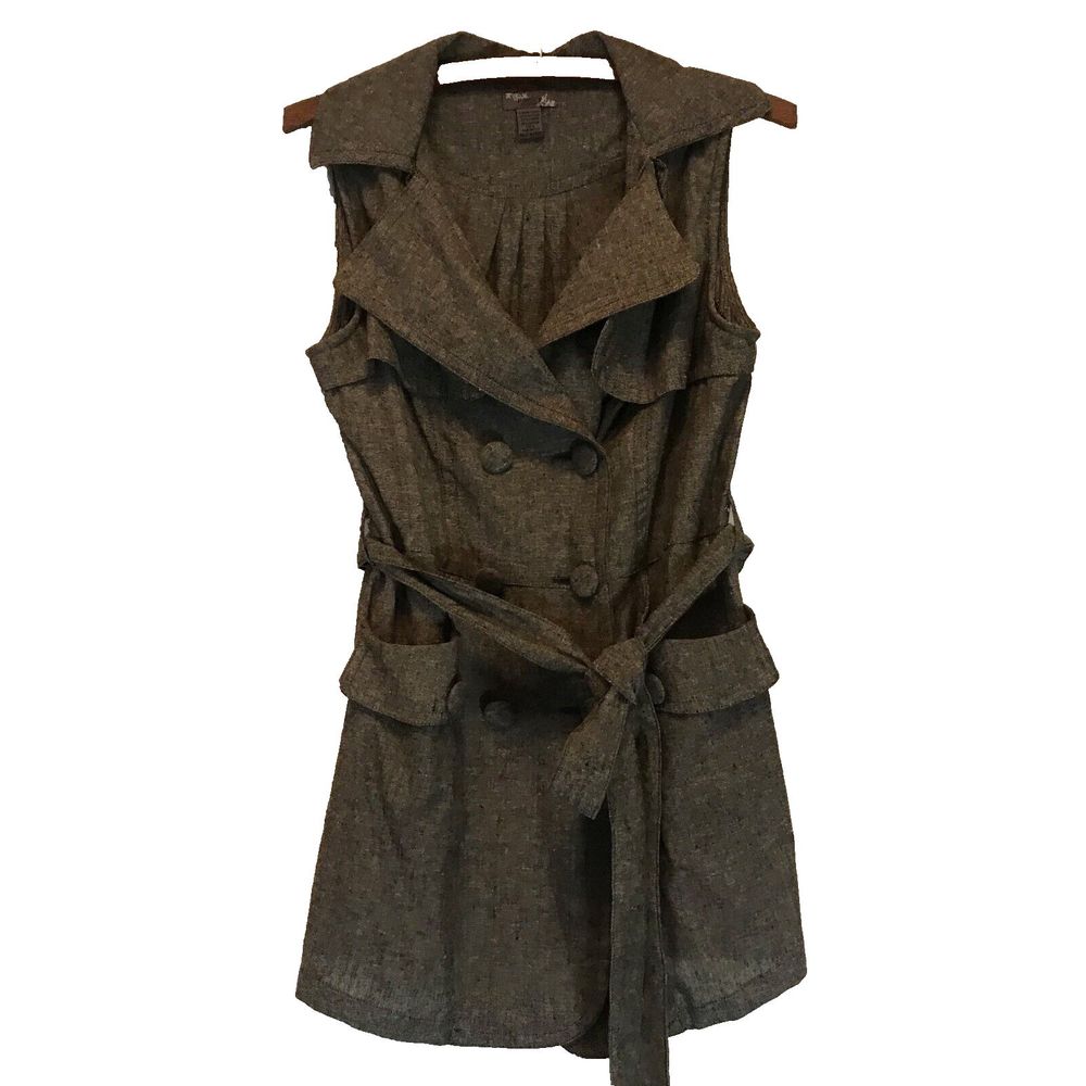 poetry linen blend long belted vest tunic with wide collar chambray L